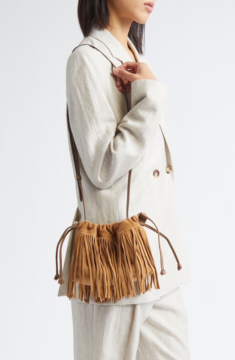 Strathberry x Cinq à Sept Drawstring Fringe Suede Crossbody Bag, Alternate, color,