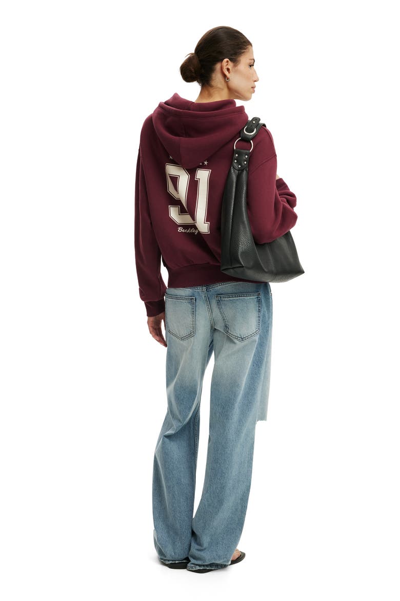 Women's Graphic Boxy Fleece Hoodie, Alternate, color, Sour Cherry 91