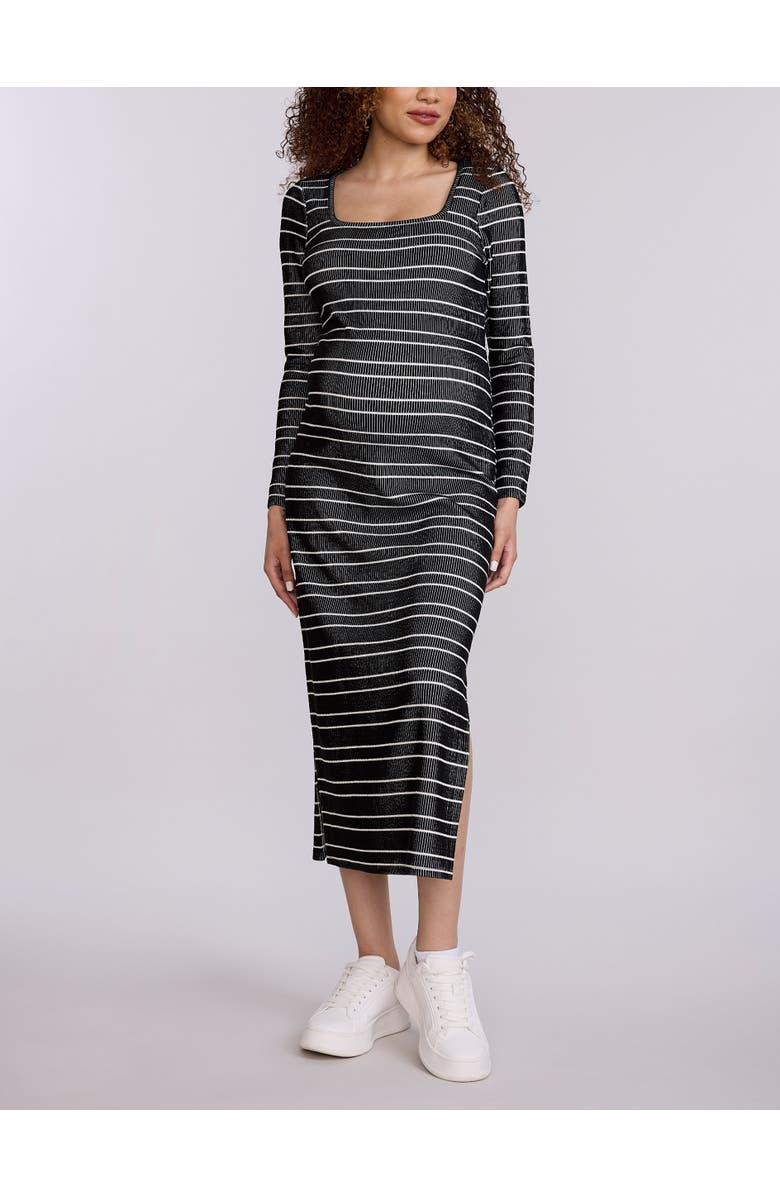 MOTHERHOOD MATERNITY Square Neck Rib Knit Long Sleeve Bodycon Maxi Dress, Alternate, color, Black & White Stripes