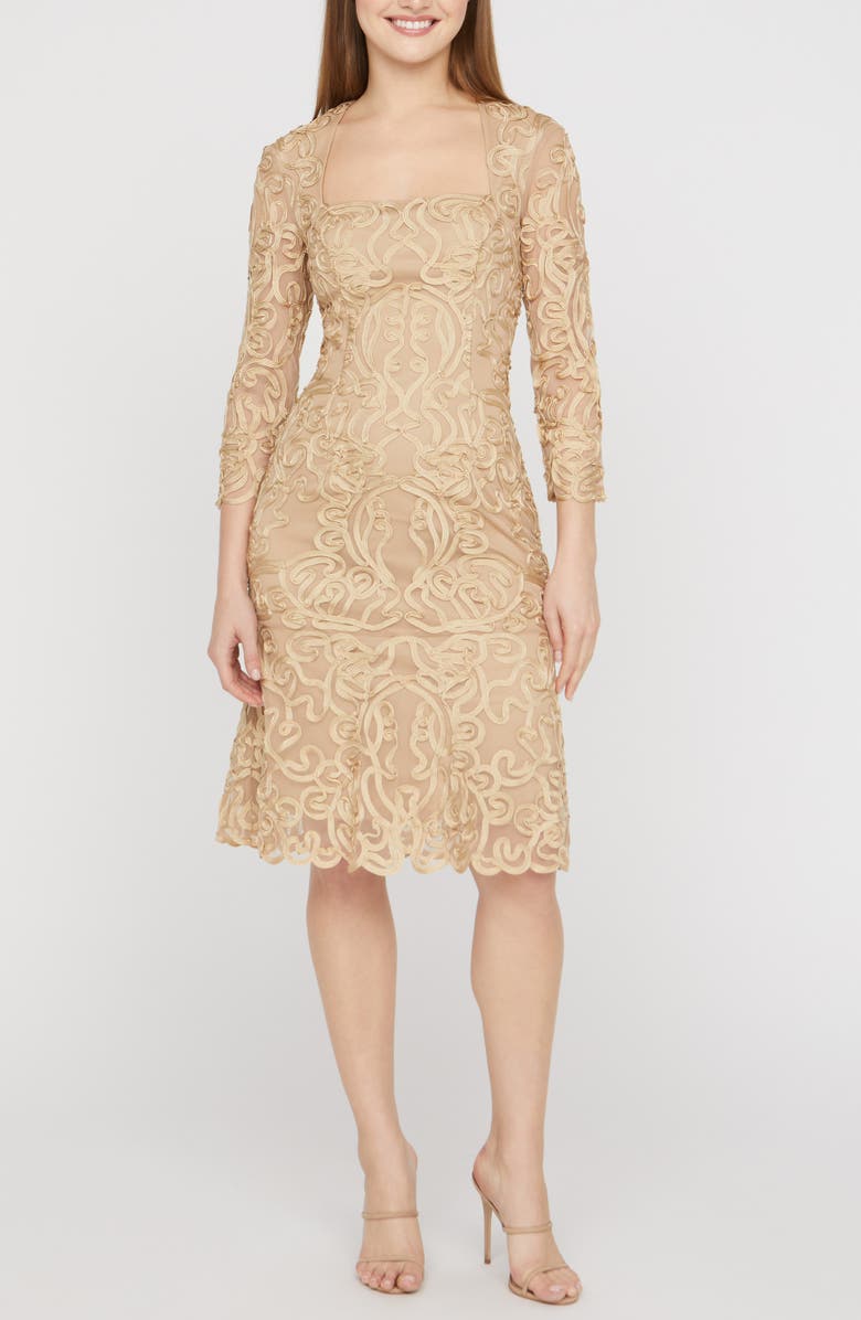 JS Collections Violette Soutache Lace Long Sleeve Cocktail Dress, Main, color, Gold