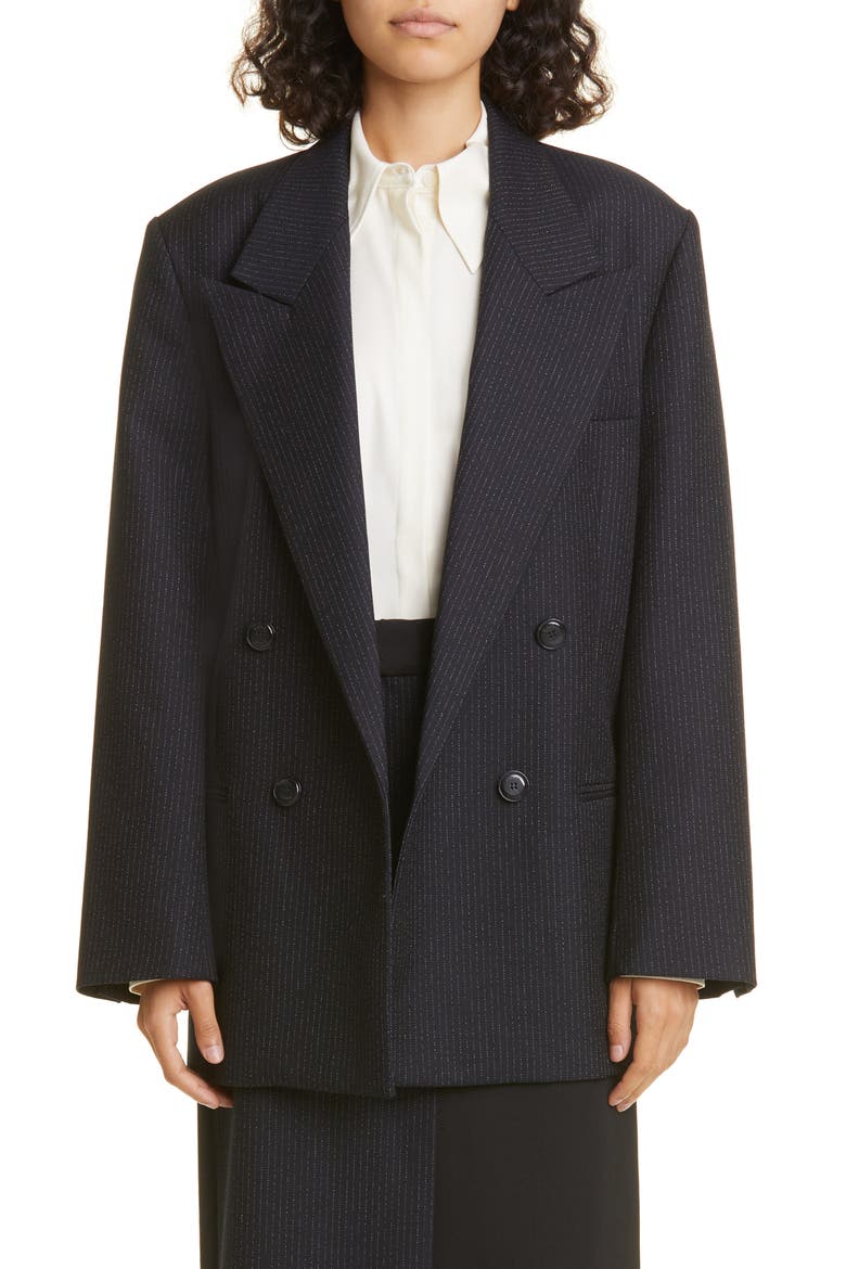Pinstripe Double Breasted Virgin Wool Blend Blazer, Main, color, NAVY PINSTRIPE