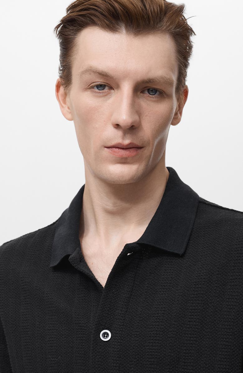 MANGO Short Sleeve Structured Knit Button-Up Shirt, Alternate, color, Black