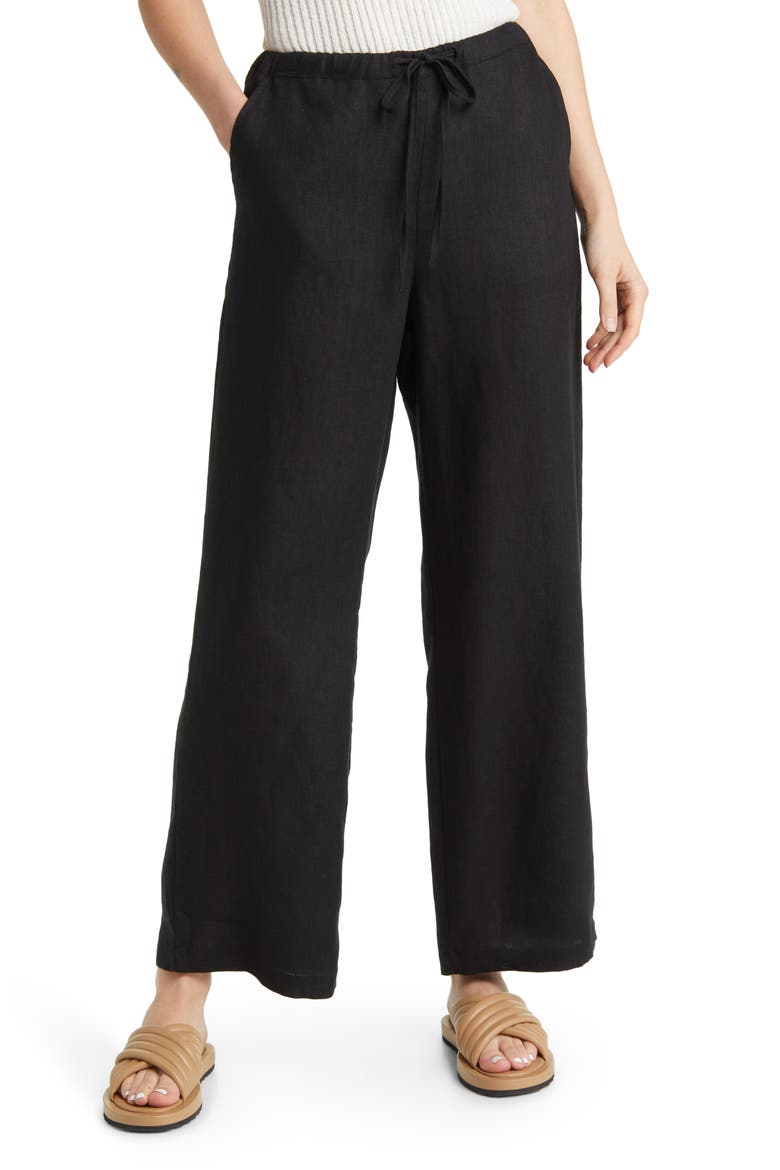 Emmie Drawstring Wide Leg Linen Pants, Main, color, BLACK