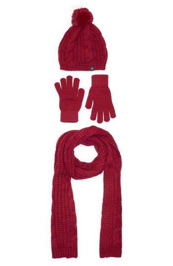 Nanette Lepore 3-piece Cable Stitch Scarf, Beanie & Gloves Set In Red