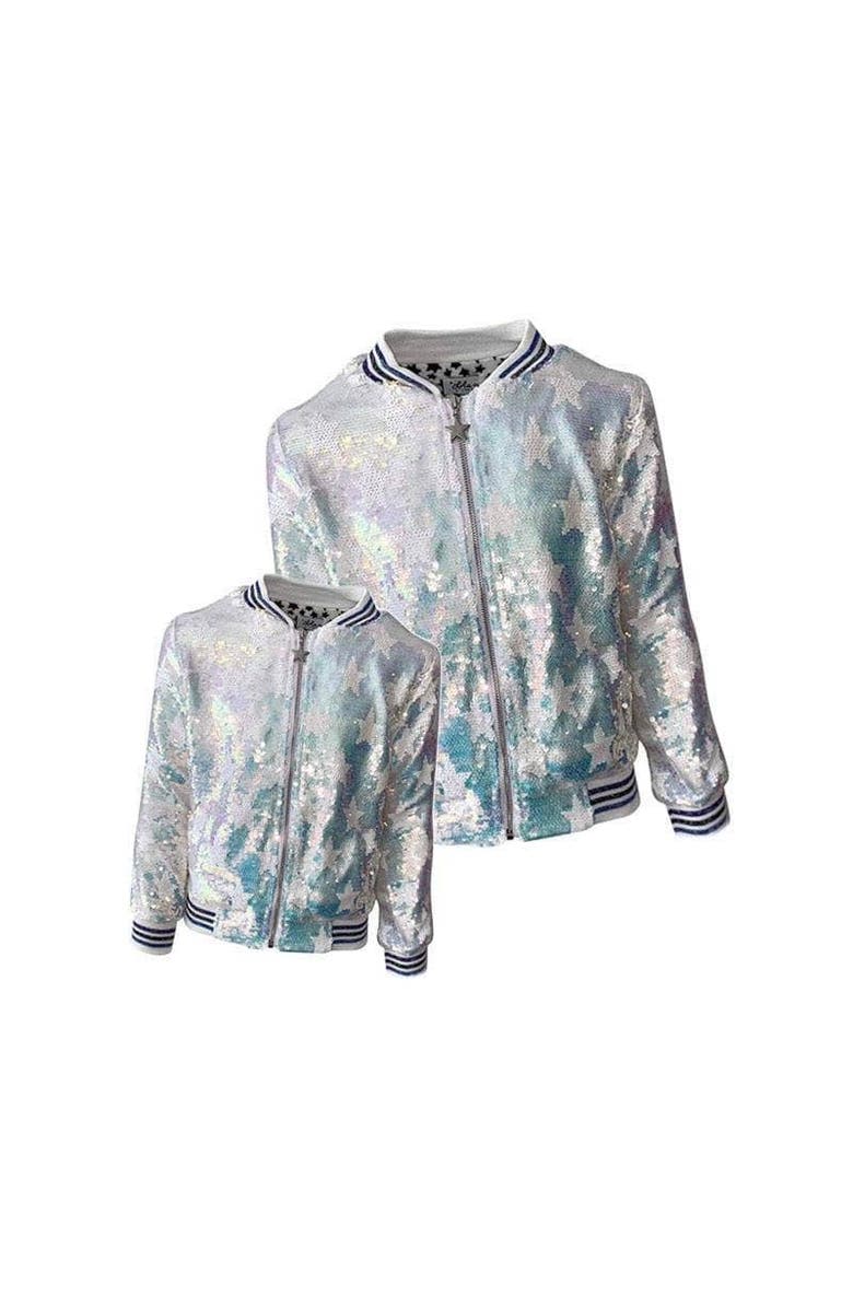 Lola + The Boys Iridescent Star Sequin Bomber, Alternate, color, White