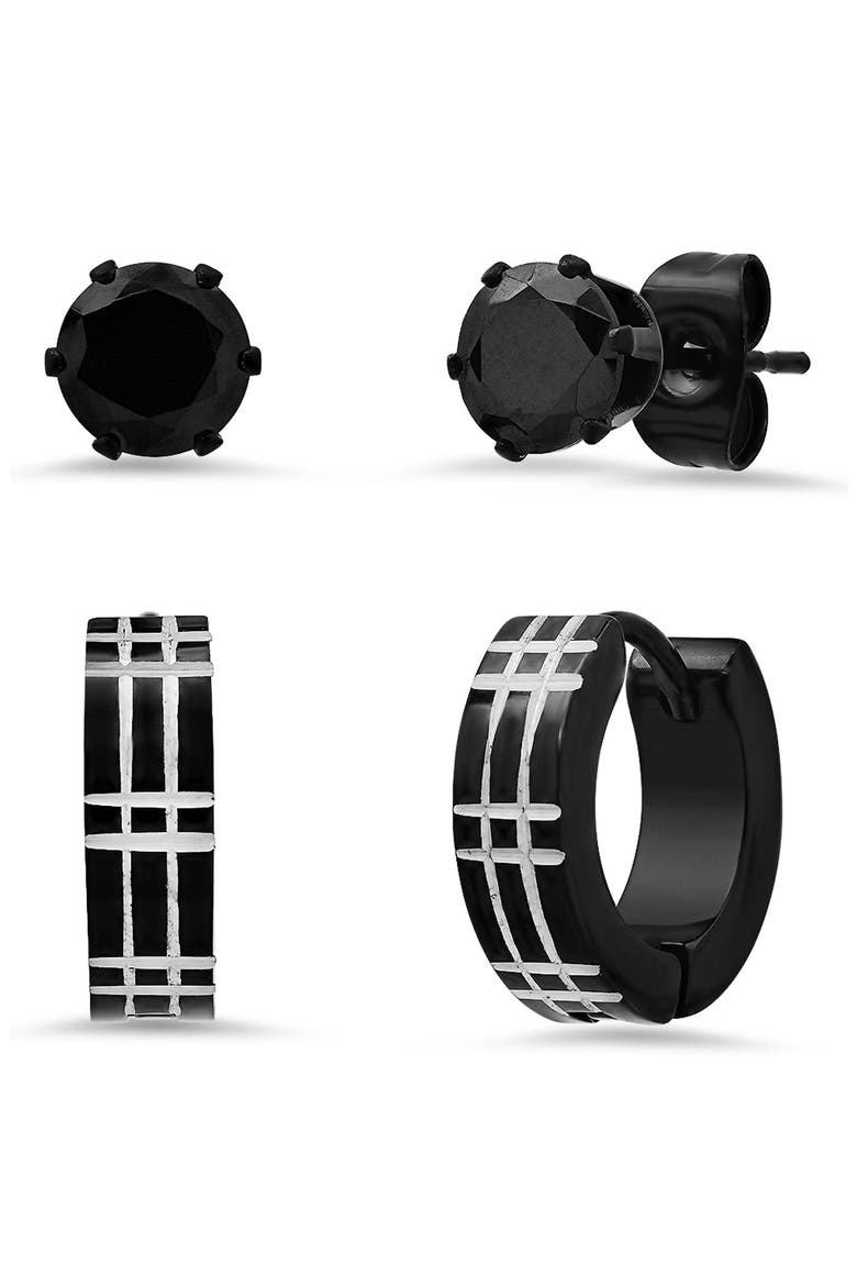 Men's Set of 2 Two-Tone Stainless Steel Crystal Stud & Hoop Earrings, Main, color, BLACK