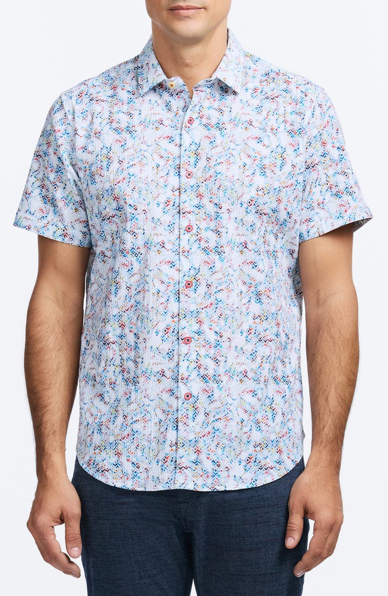 Robert Graham Elgar Abstract Print Short Sleeve Cotton Seersucker Button-Up Shirt, Main, color, Blue Multi