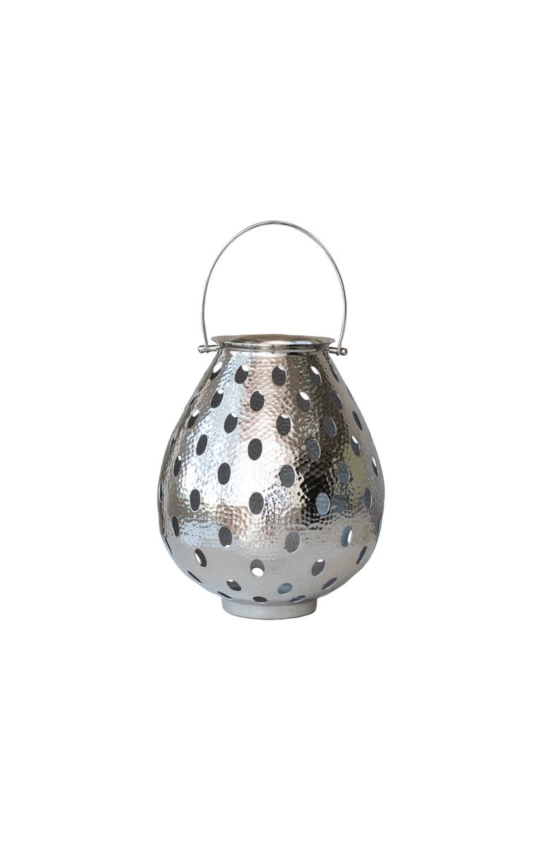 Storied Home Round Metal Candleholder Lantern with Handle and Cut-Outs, Nickel Finish, Main, color, Silver