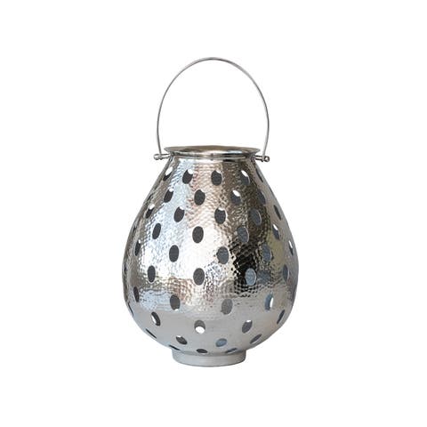 Round Metal Candleholder Lantern with Handle and Cut-Outs, Nickel Finish