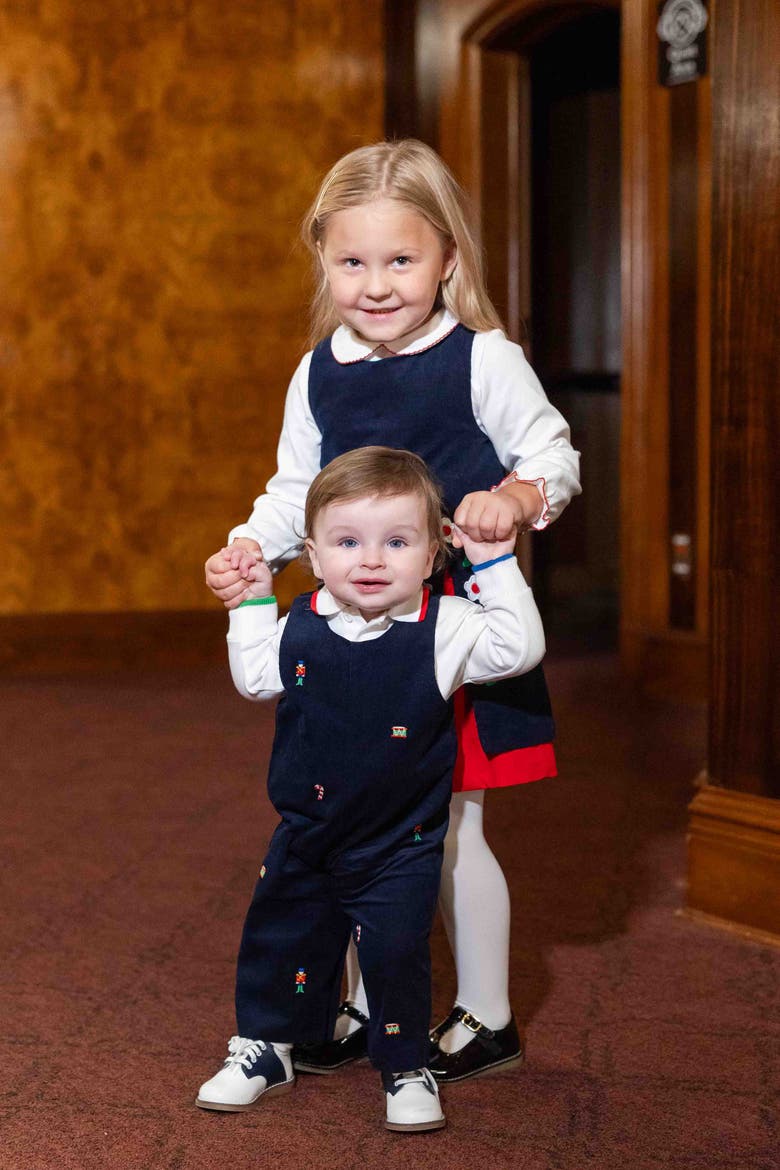 Corduroy Longall With Allover Embroidery, Alternate, color, Navy, Red, Green, White