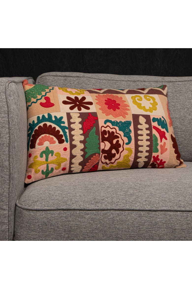 Cotton Embroidered Patchwork Lumbar Pillow with Chambray Back, Multicolor, Alternate, color, Orange