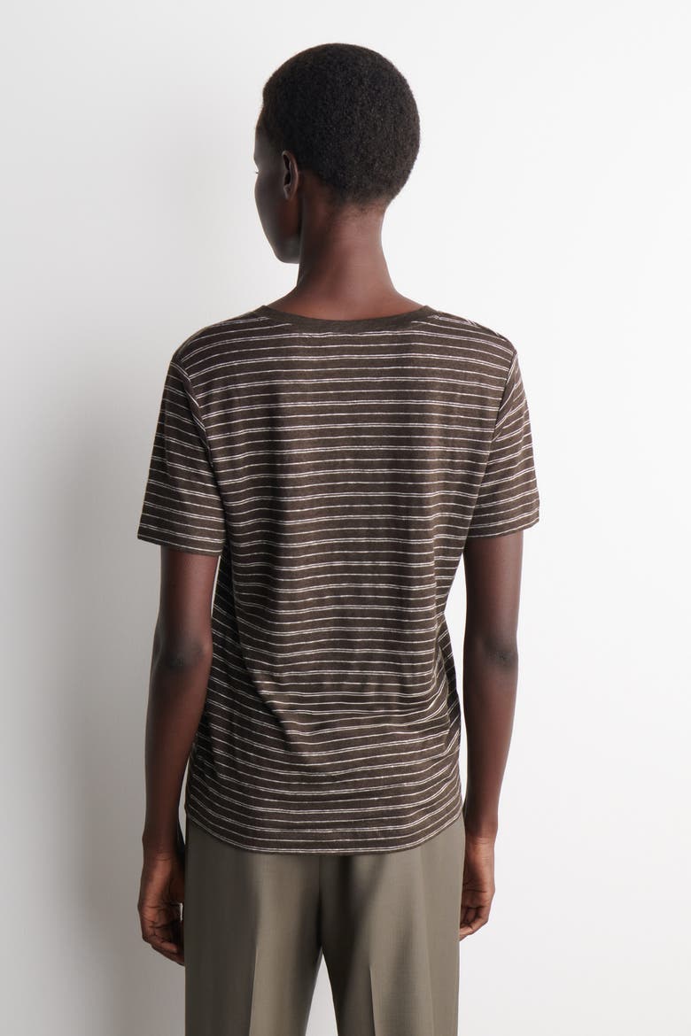 V-neck Linen T-shirt, Alternate, color, BROWN / WHITE / STRIPED