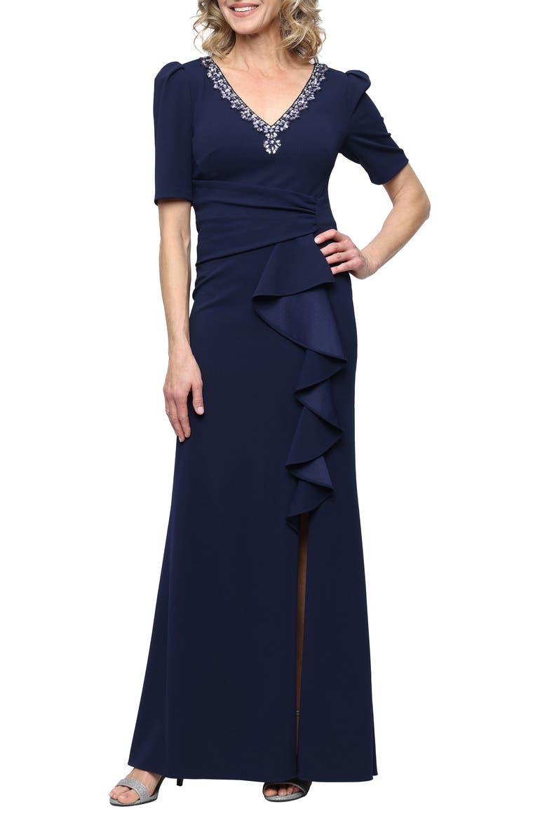 Embellished Stretch Crepe Gown, Main, color, NAVY