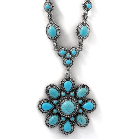 Women's Large Turquoise Stone Flower Necklace in Silver or Gold Tone