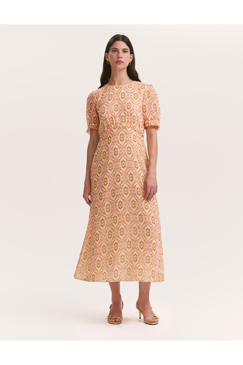 Mela Printed Midi Tea Dress, Main, color, Coral Ikat