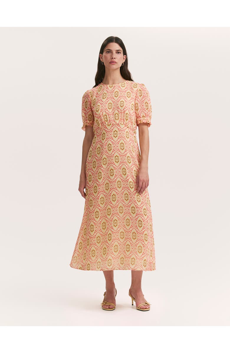 Finery London Mela Printed Midi Tea Dress, Main, color, Coral Ikat