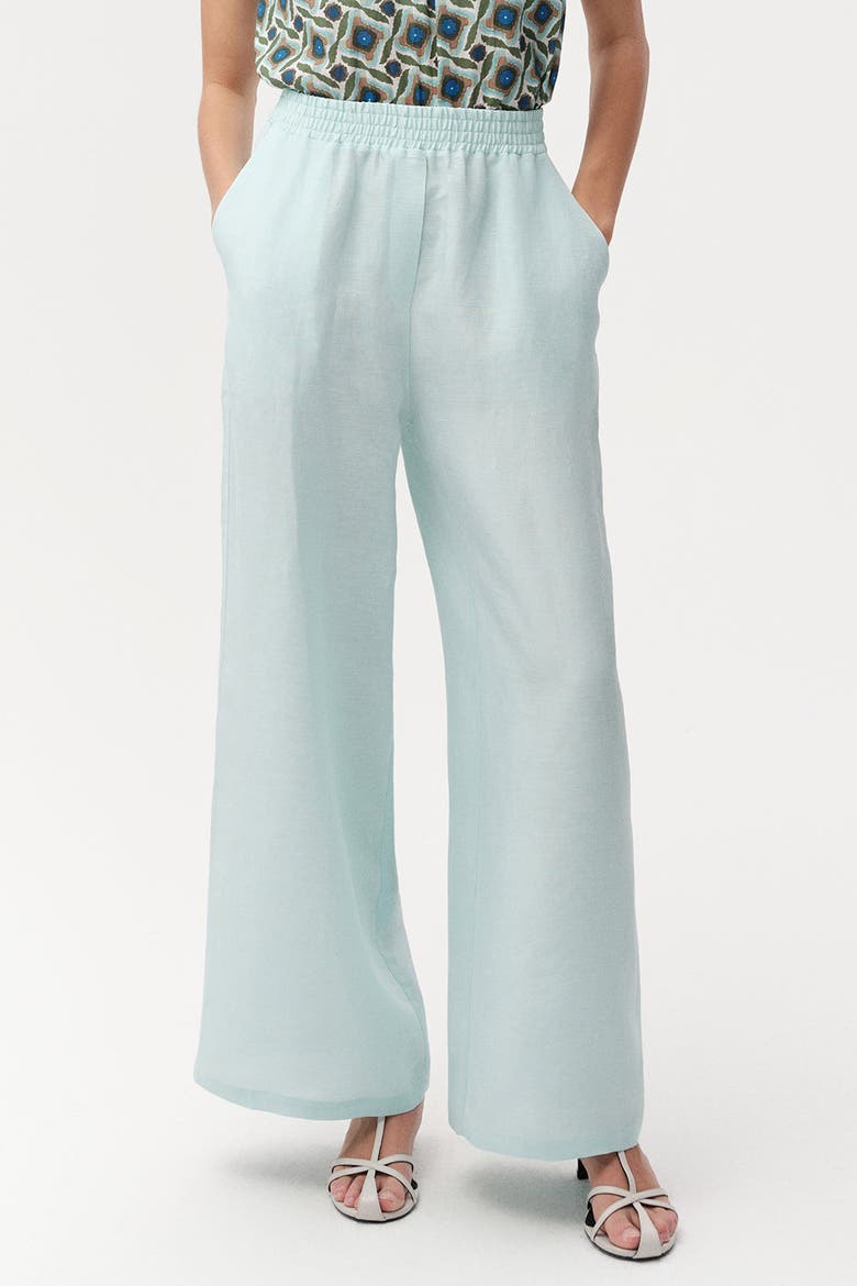 Elasticated Waist Linen Blend Trousers With Pockets, Alternate, color, Blue