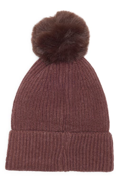 Nanette Lepore Scattered Rhinestone Beanie With Faux Fur Pompom In Brown