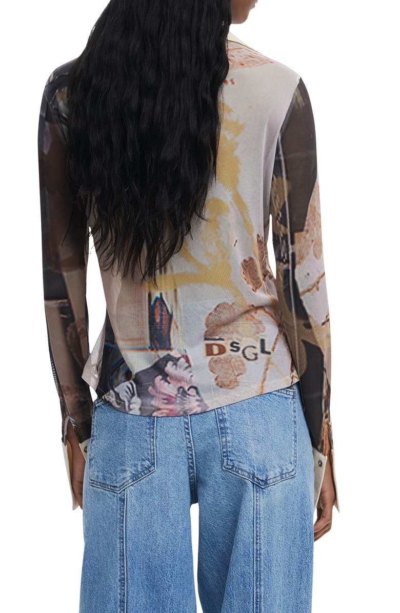 Desigual Rib Trim Mesh Button-Up Shirt, Alternate, color,