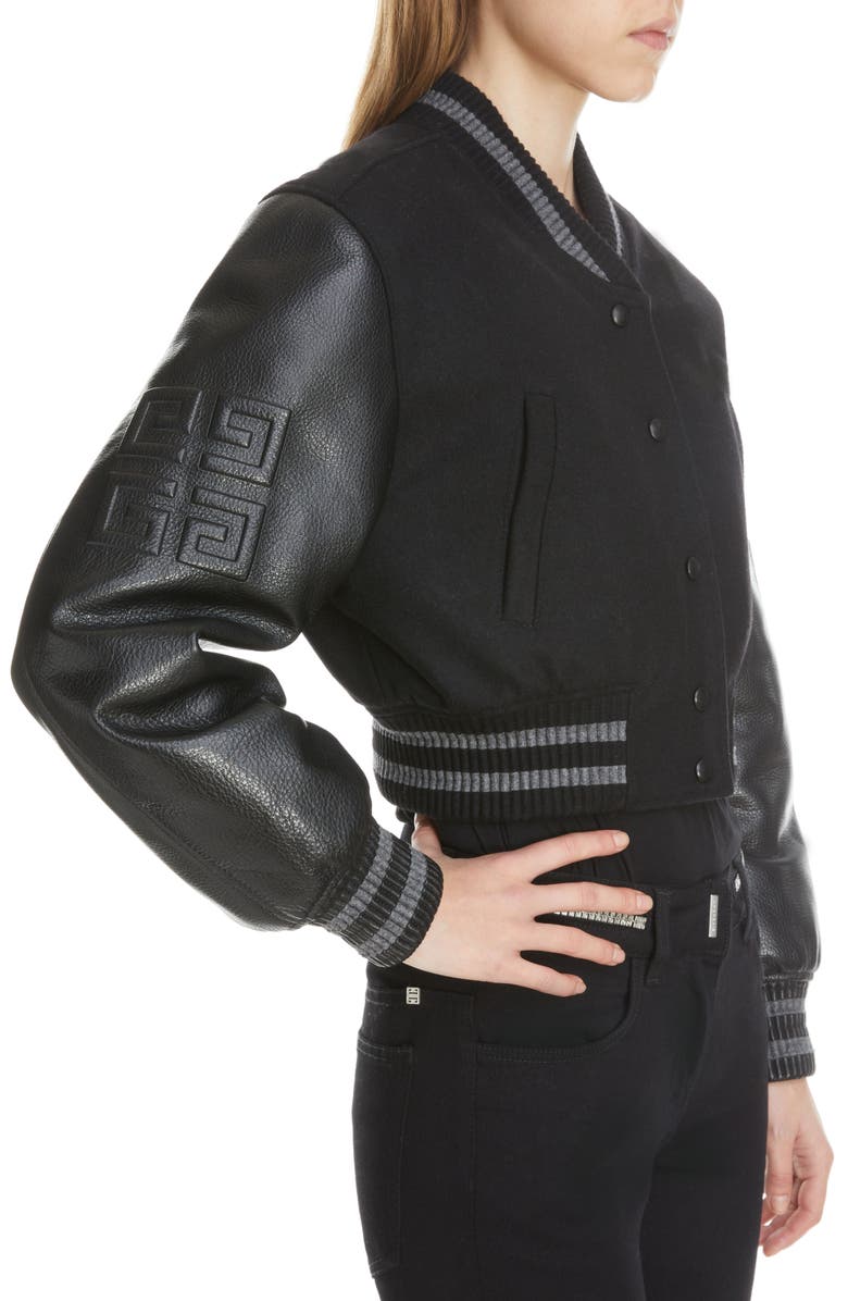Givenchy Leather Sleeve Logo Crop Varsity Jacket, Alternate, color, 