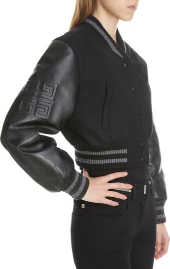 【GIVENCHY】CROPPED VARSITY W/ LEATHER SLEEVES Givenchy Leather Sleeve Logo Crop Varsity Jacket | Nordstrom