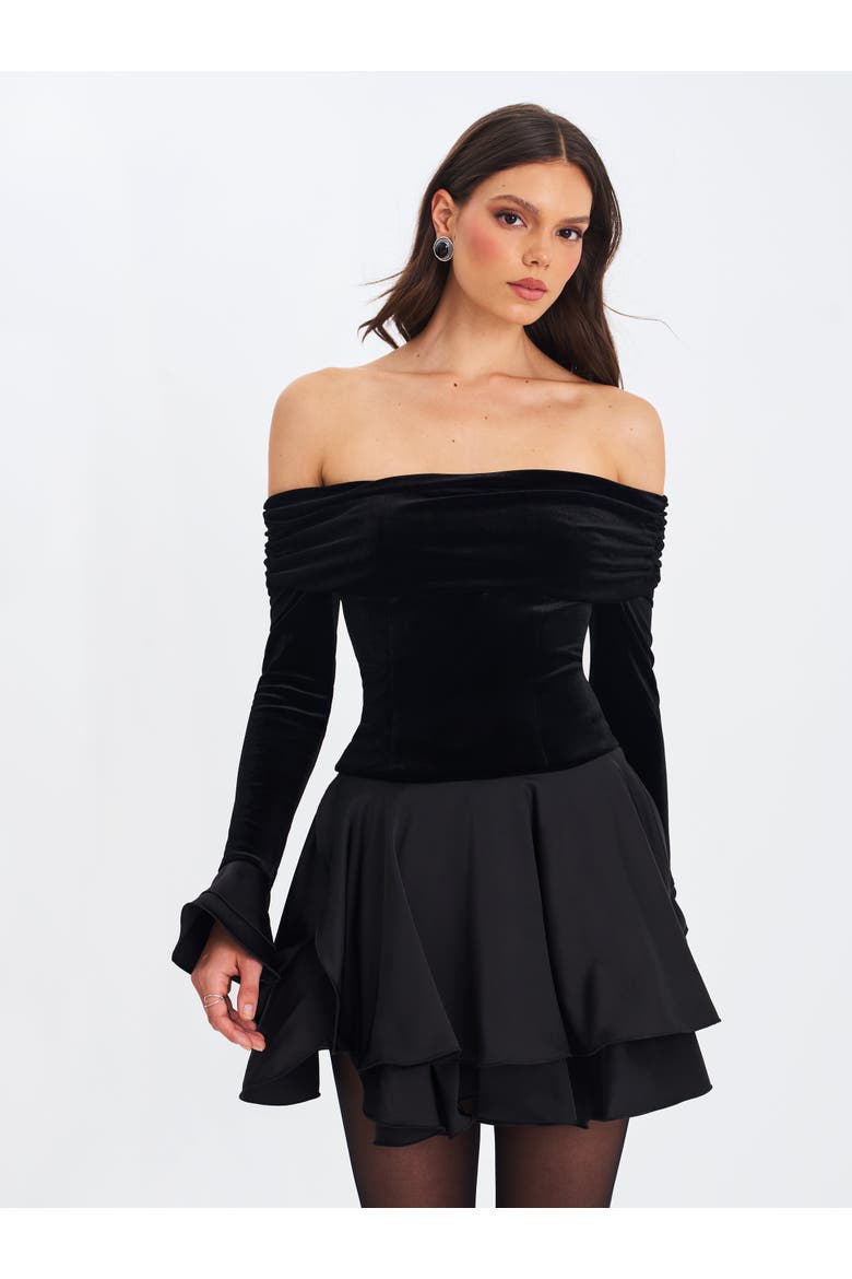 Magnolia Off-Shoulder Layered Satin Mini Dress, Alternate, color, Black
