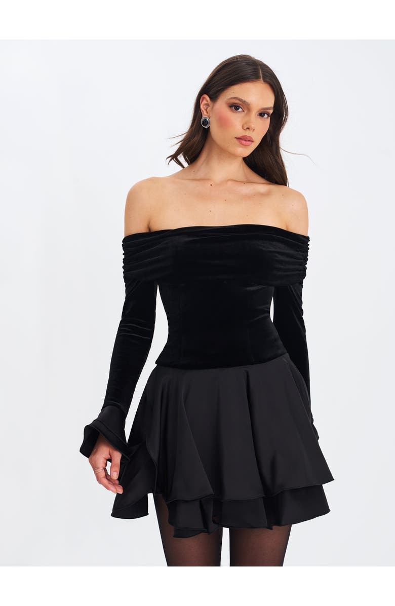 Miss Circle Magnolia Off-Shoulder Layered Satin Mini Dress, Alternate, color, Black