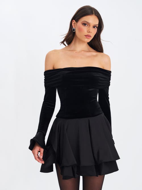 Miss Circle Magnolia Off-shoulder Layered Satin Mini Dress In Black