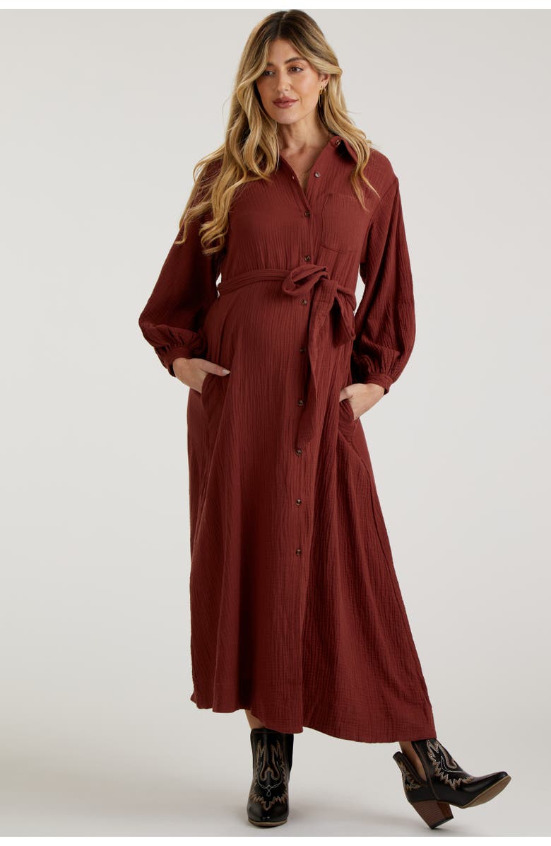 PinkBlush Gauze Belted Shirt Midi Dress, Alternate, color, Rust