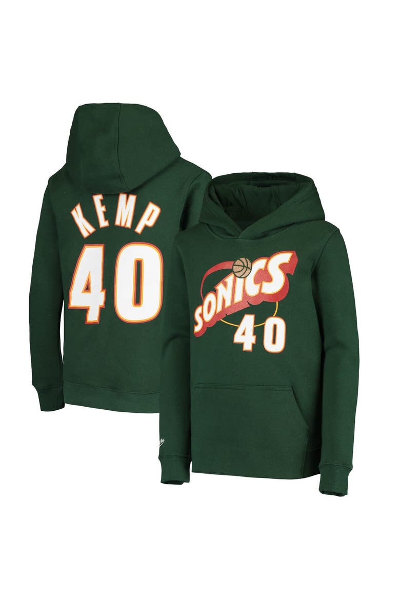 Youth Mitchell & Ness Shawn Kemp Green Seattle SuperSonics Hardwood Classics Name & Number Pullover Hoodie, Main, color, Green