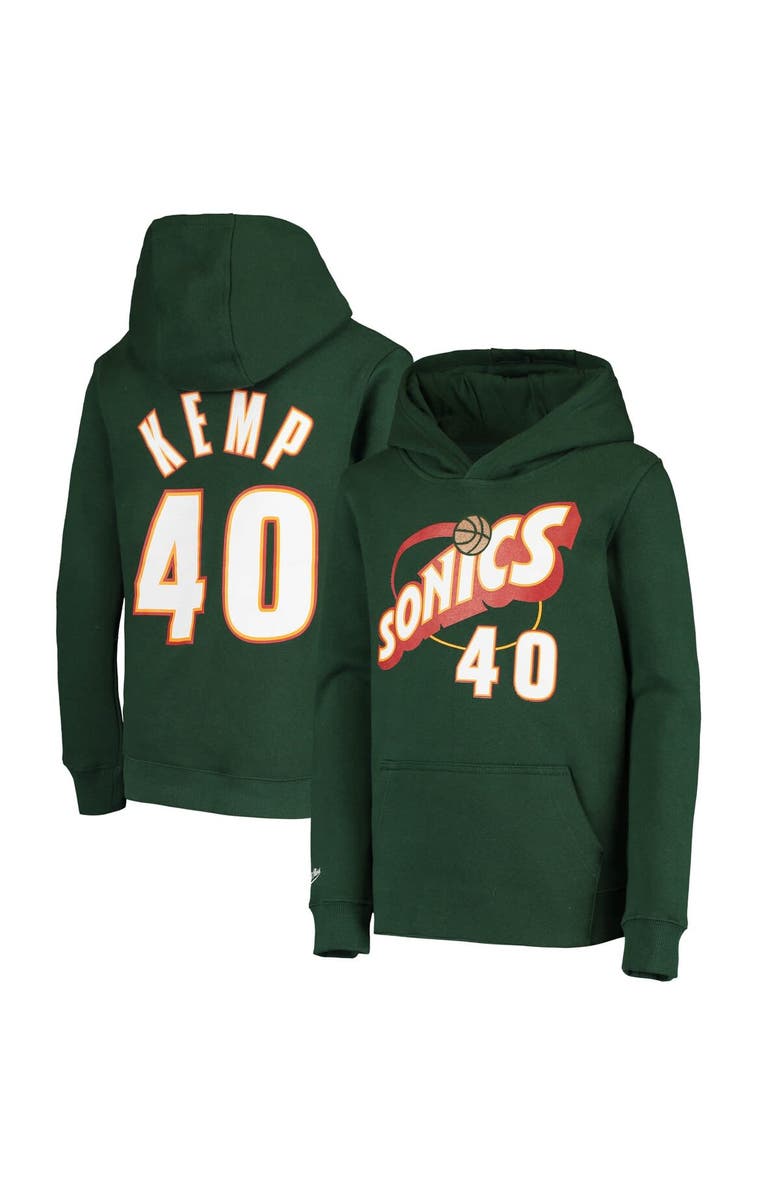 Mitchell & Ness Youth Mitchell & Ness Shawn Kemp Green Seattle SuperSonics Hardwood Classics Name & Number Pullover Hoodie, Main, color, 