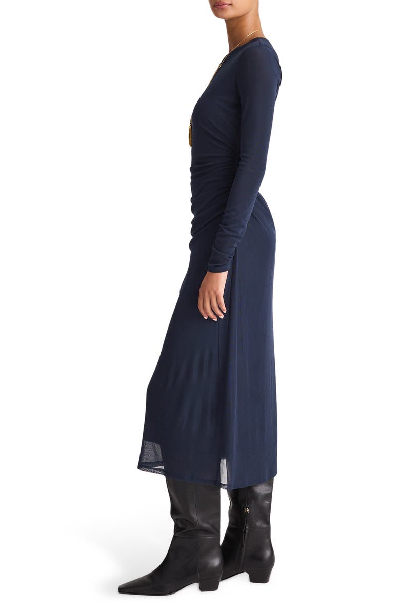 Madewell Long Sleeve Ruched Mesh Midi Dress, Alternate, color, Classic Navy