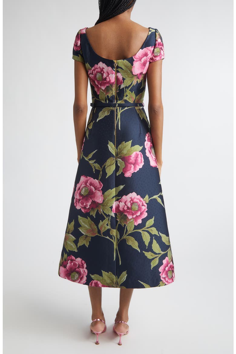 Peony Jacquard Belted Midi Dress, Alternate, color, MIDNIGHT MULTI