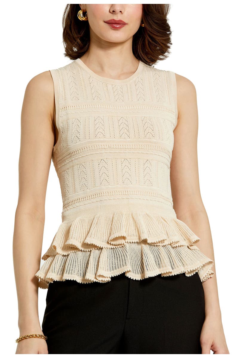 Mac Duggal Sleeveless High Neck Knit Top With Ruffle Hem, Main, color, Oat