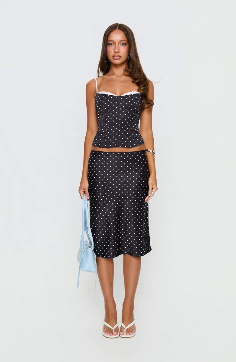 Princess Polly Somani Satin Midi Skirt, Alternate, color, Black Polka Dot