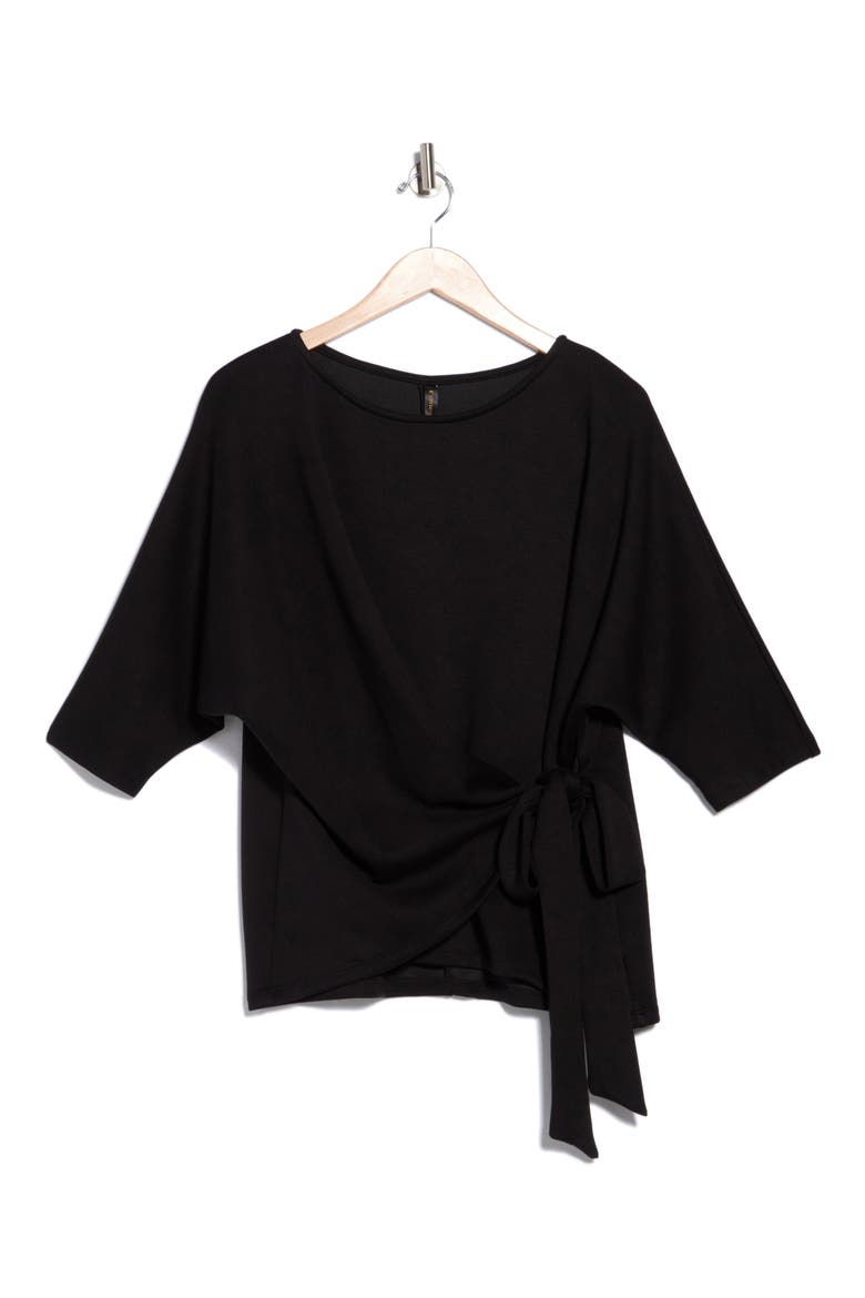 Side Tie Three-Quarter Sleeve Top, Alternate, color, BLACK