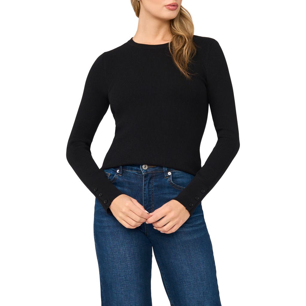 Halogenr Halogen(r) Button Cuff Rib Crewneck Sweater In Rich Black