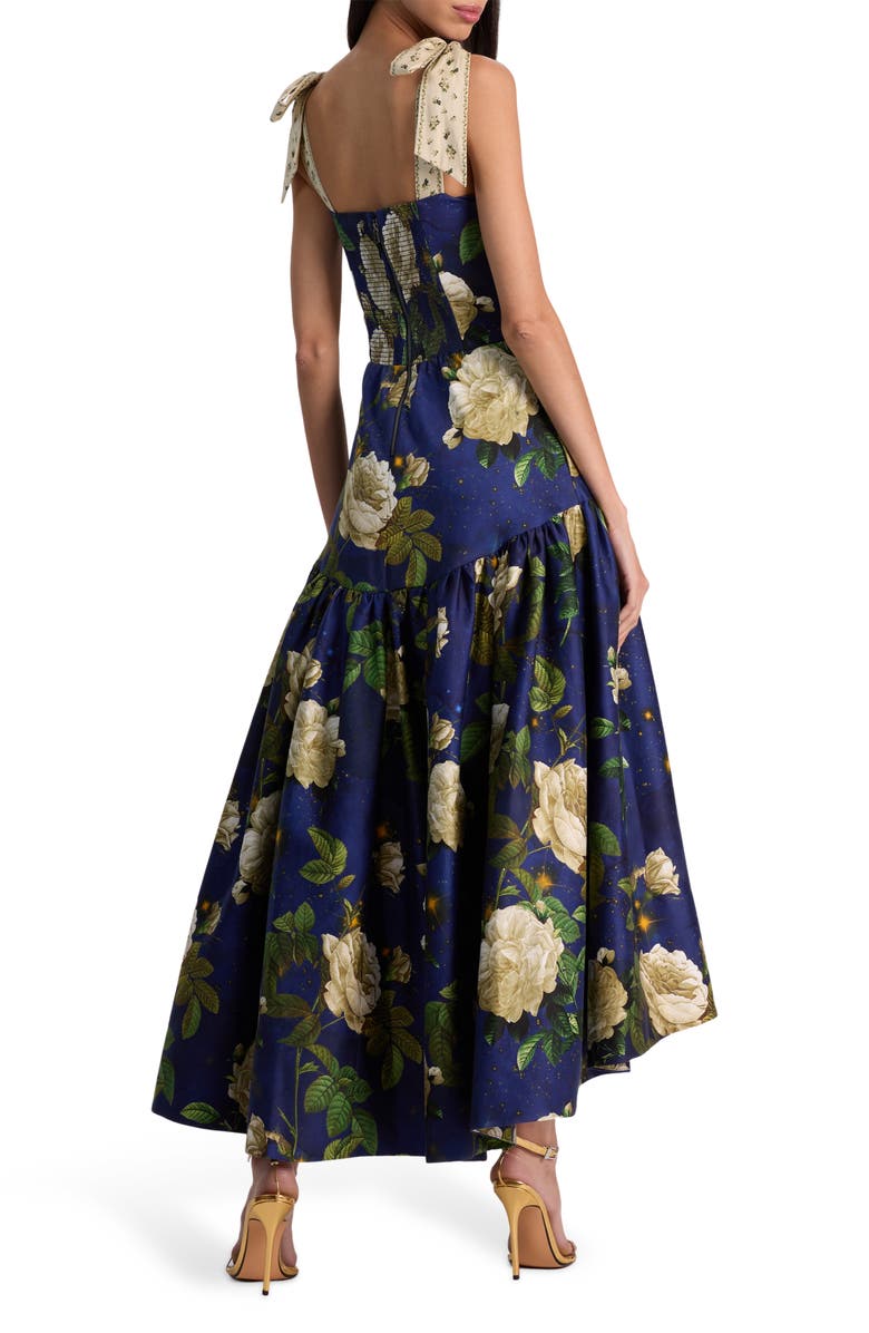 Alice + Olivia Rosalee Tie Strap Corset Stretch Cotton High-Low Dress, Alternate, color, Twilight Eden