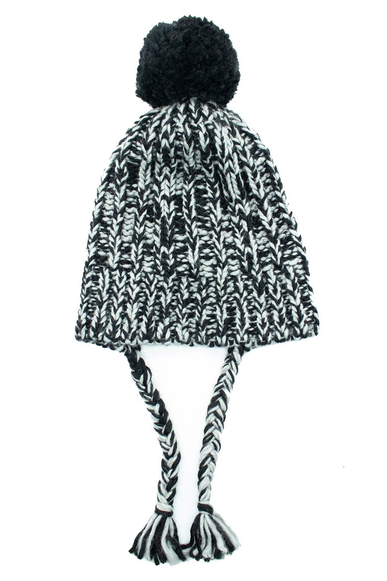 Knit Earflap Pompom Beanie, Main, color, BLACK/ GREY