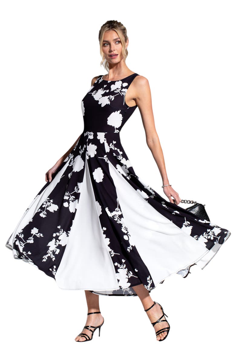 HotSquash London Clothing Box Pleat Midi Dress with Contrast Skirt, Alternate, color, White Flower On Black