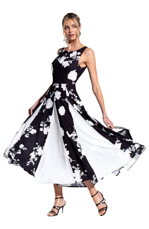 Hotsquash London Clothing Box Pleat Midi Dress With Contrast Skirt In White Flower On Black