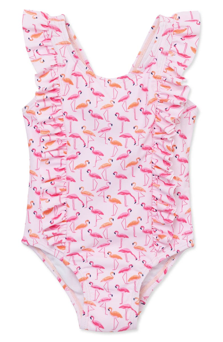 Little Me Flamingo Ruffle UPF 50+ One-Piece Swimsuit, Main, color, 