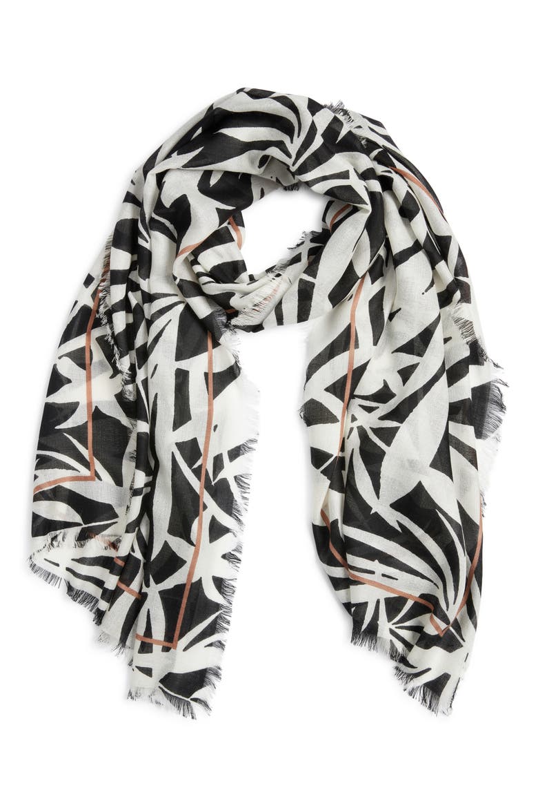 Floral Print Scarf with Eyelash Fringe, Alternate, color, BLACK TROPICS