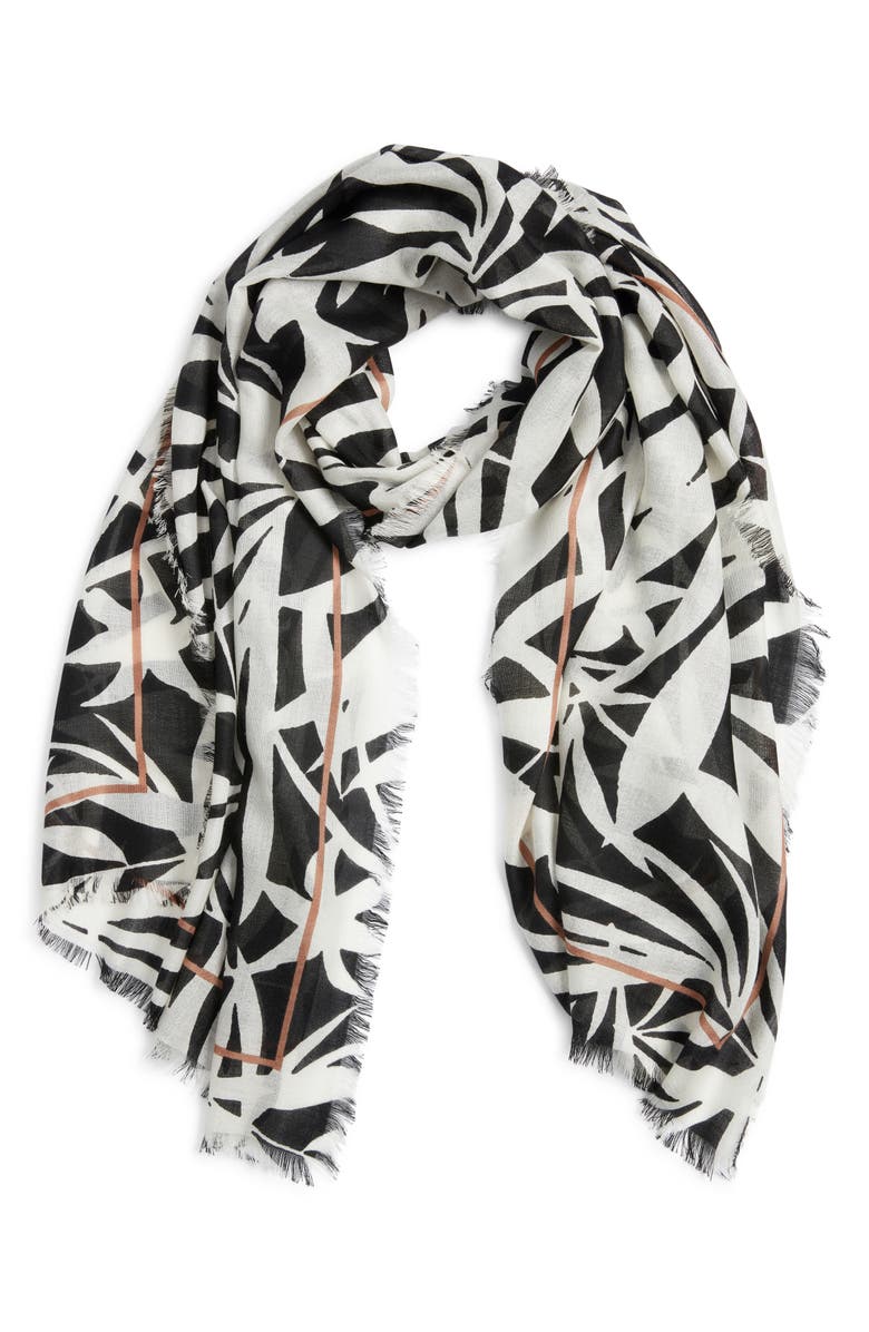 Nordstrom Floral Print Scarf with Eyelash Fringe, Alternate, color, Black Tropics
