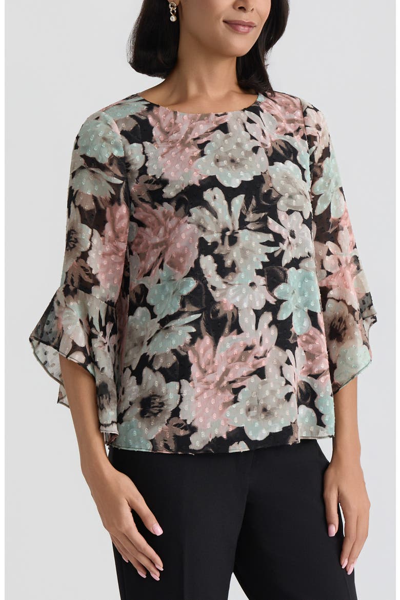 Blurred Floral Print Clip Dot Top, Alternate, color, BLACK MULTI
