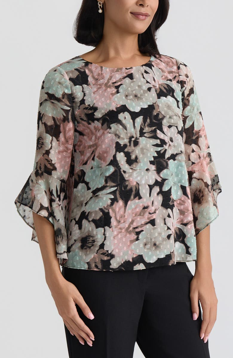 KASPER Blurred Floral Print Clip Dot Top, Alternate, color,