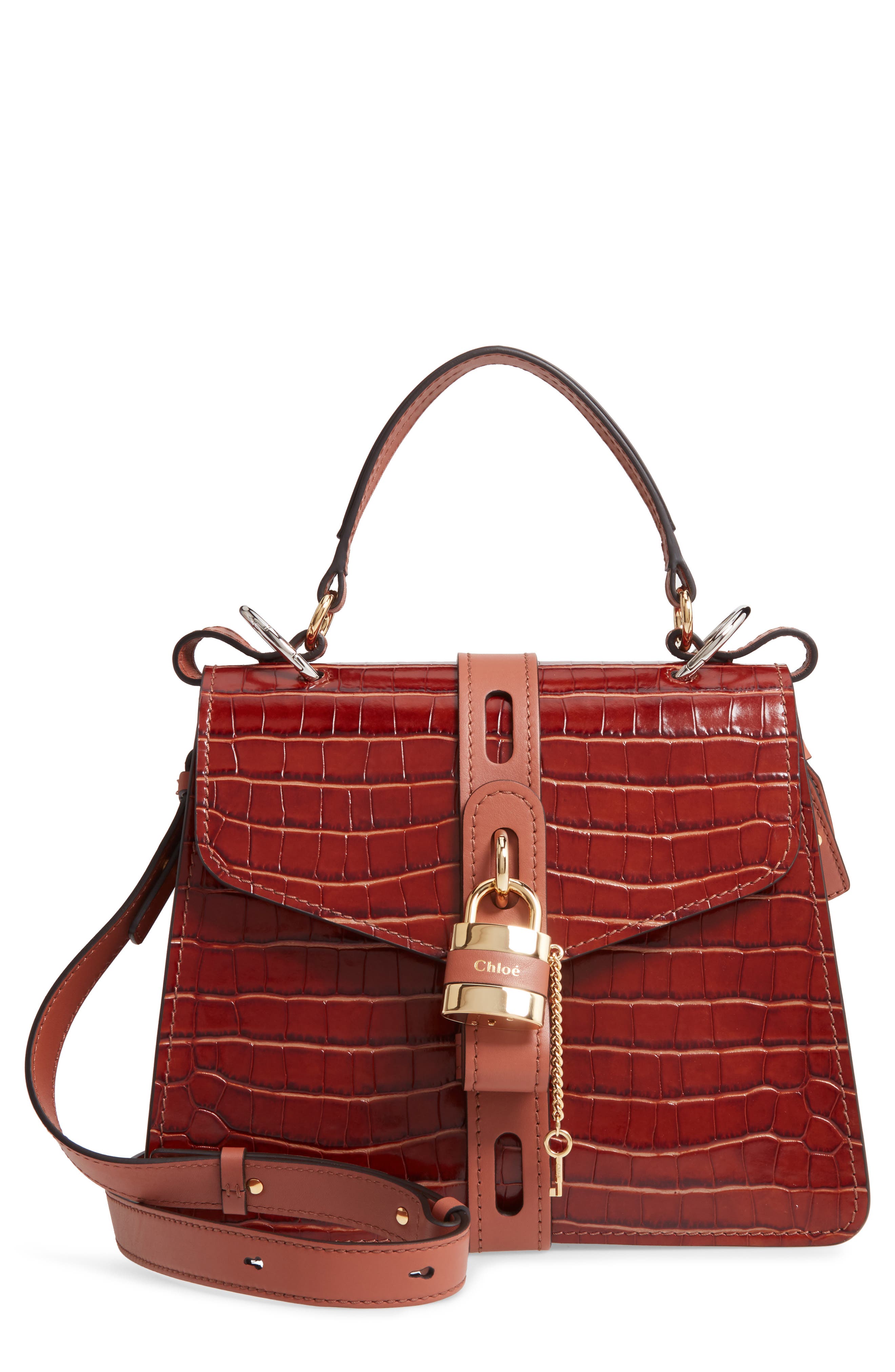 Medium Aby Croc Embossed Calfskin Shoulder Bag, Main, color, CHESTNUT BROWN