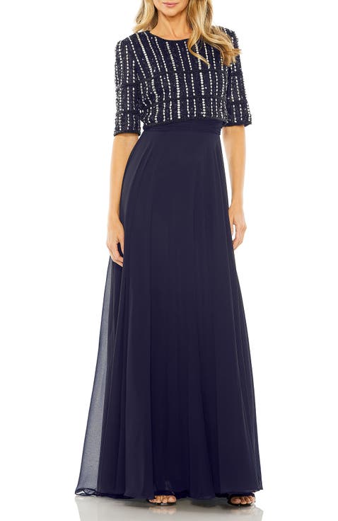 Fully Beaded 3/4 Sleeves Top Chiffon Gown