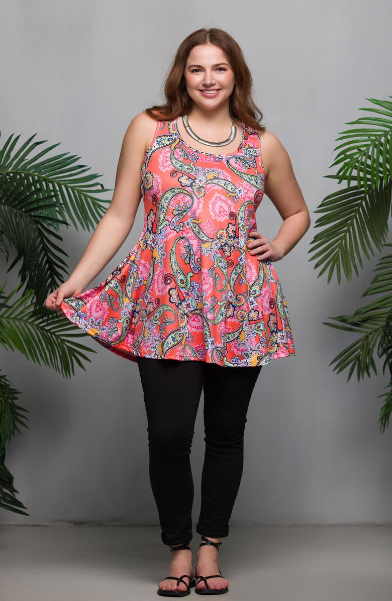 24seven Comfort Apparel Paisley Scoop Neck Swing Tank Top, Alternate, color, Coral Multi