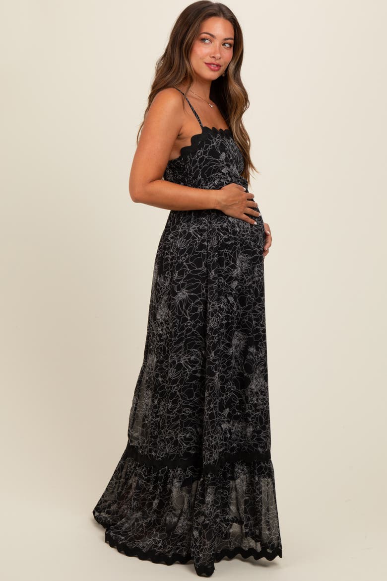 Floral Contrast Trim Maxi Dress, Alternate, color, Black